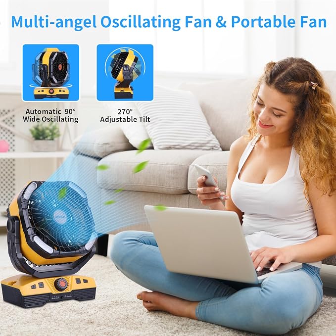 Camping Fan 20000mAh Rechargeable Battery Operated fan Outdoor Tent Fan with Light & Hook 270° Pivot, knob Speeds, Personal