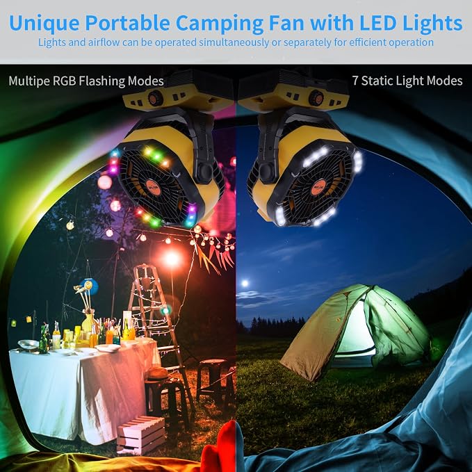Camping Fan 20000mAh Rechargeable Battery Operated fan Outdoor Tent Fan with Light & Hook 270° Pivot, knob Speeds, Personal