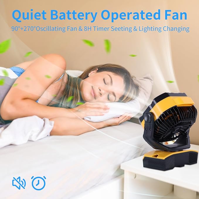 Camping Fan 20000mAh Rechargeable Battery Operated fan Outdoor Tent Fan with Light & Hook 270° Pivot, knob Speeds, Personal