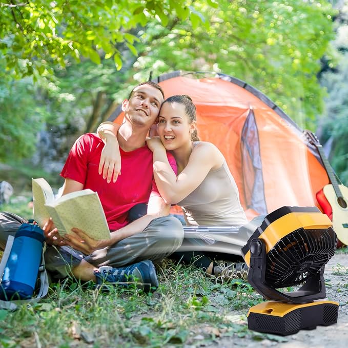 Camping Fan 20000mAh Rechargeable Battery Operated fan Outdoor Tent Fan with Light & Hook 270° Pivot, knob Speeds, Personal