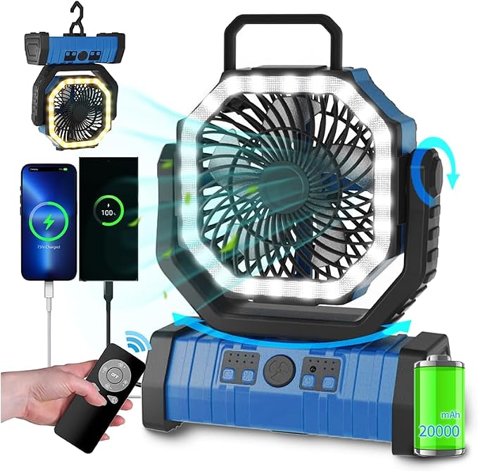 Camping Fan Battery Operated Powered Fan with LED Lantern Light 20000mAh Rechargeable Portable Oscillating, 360° Rotation
