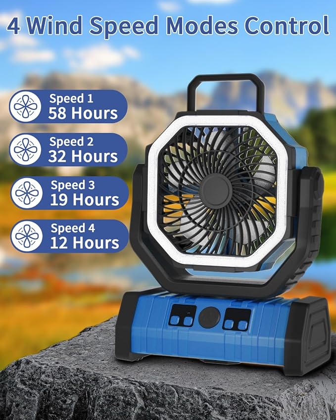 Camping Fan Battery Operated Powered Fan with LED Lantern Light 20000mAh Rechargeable Portable Oscillating, 360° Rotation