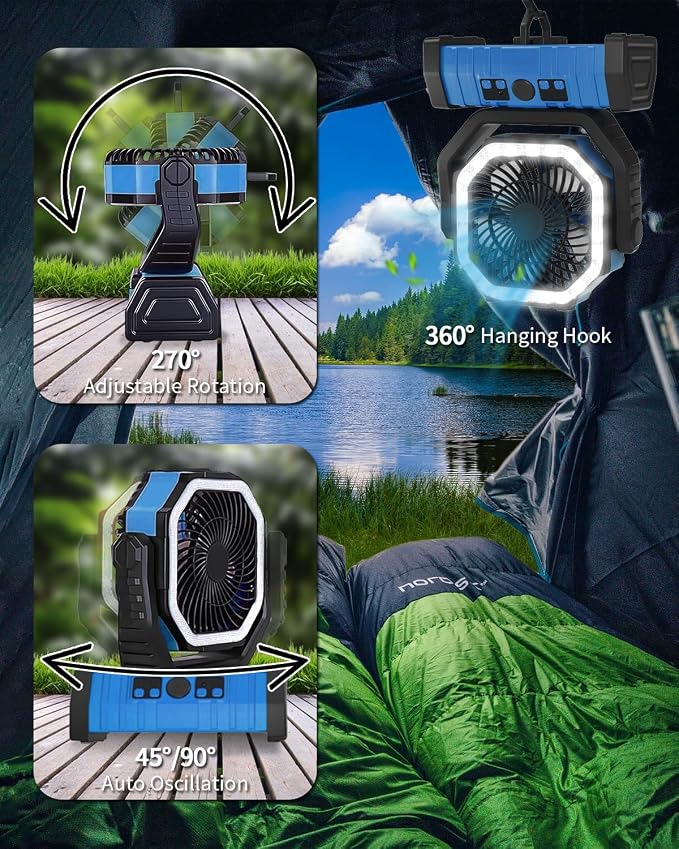 Camping Fan Battery Operated Powered Fan with LED Lantern Light 20000mAh Rechargeable Portable Oscillating, 360° Rotation