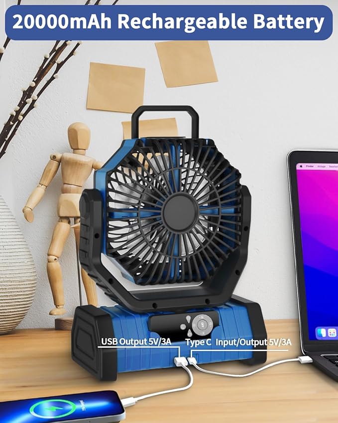 Camping Fan Battery Operated Powered Fan with LED Lantern Light 20000mAh Rechargeable Portable Oscillating, 360° Rotation