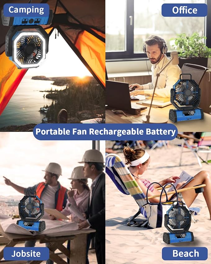 Camping Fan Battery Operated Powered Fan with LED Lantern Light 20000mAh Rechargeable Portable Oscillating, 360° Rotation
