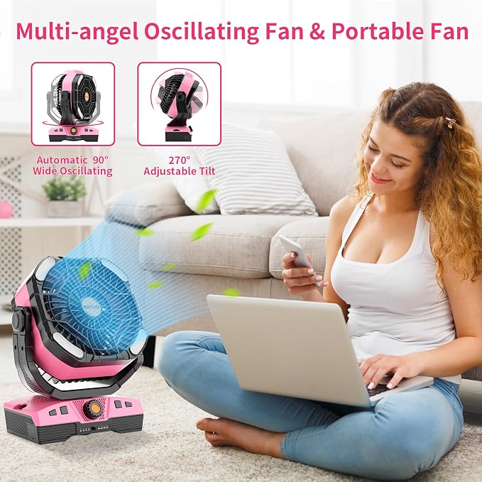 Camping Fan Oscillating Portable Fan 20000mAh Battery Powered Fans Rechargeable Camping Tent essentials Light, alternate view