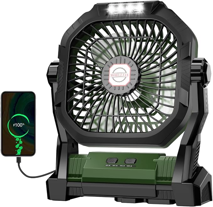 Camping Fan Rechargeable, 20000mAh Battery Powered Portable Fan with LED Light, 4-Speed 180° Adjustable, Camping Essentials