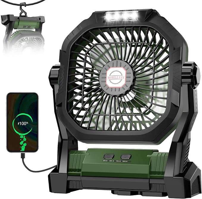 Camping Fan Rechargeable, 20000mAh Battery Powered Portable Fan with LED Light, 4-Speed 180° Adjustable, Camping Essentials