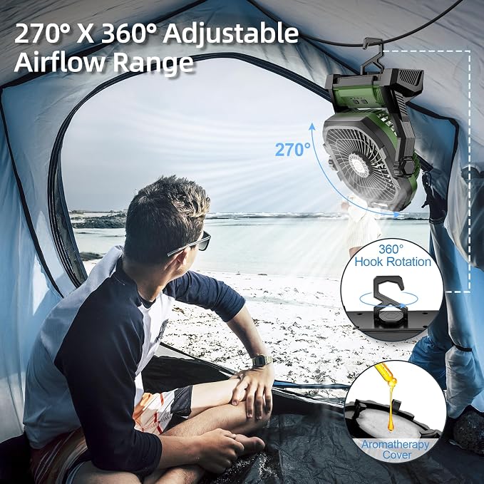 Camping Fan Rechargeable, 20000mAh Battery Powered Portable Fan with LED Light, 4-Speed 180° Adjustable, Camping Essentials