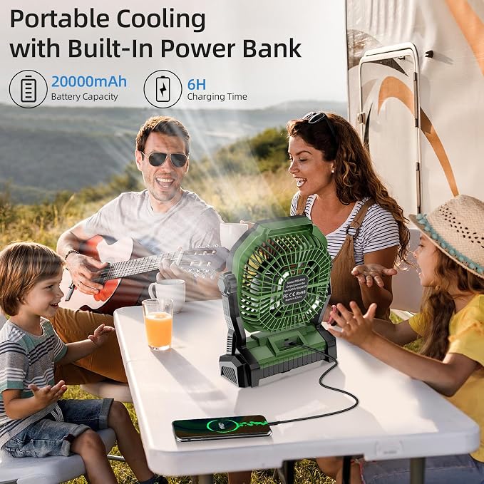 Camping Fan Rechargeable, 20000mAh Battery Powered Portable Fan with LED Light, 4-Speed 180° Adjustable, Camping Essentials