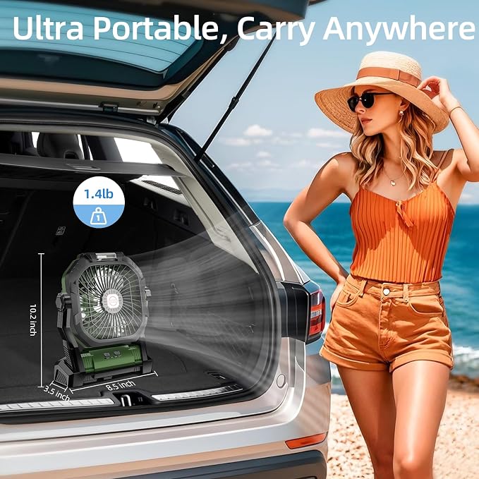 Camping Fan Rechargeable, 20000mAh Battery Powered Portable Fan with LED Light, 4-Speed 180° Adjustable, Camping Essentials