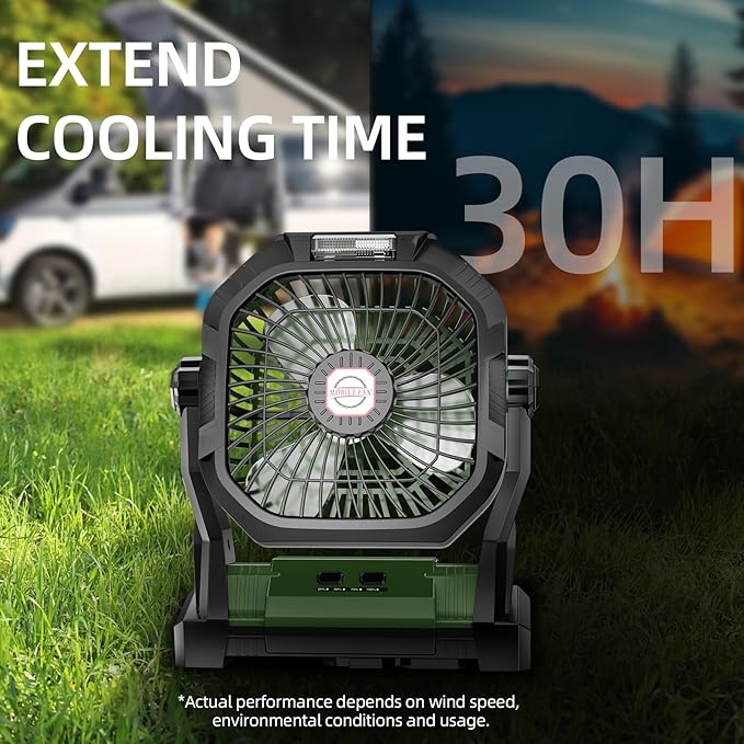 Camping Fan Rechargeable, 20000mAh Battery Powered Portable Fan with LED Light, 4-Speed 180° Adjustable, Camping Essentials
