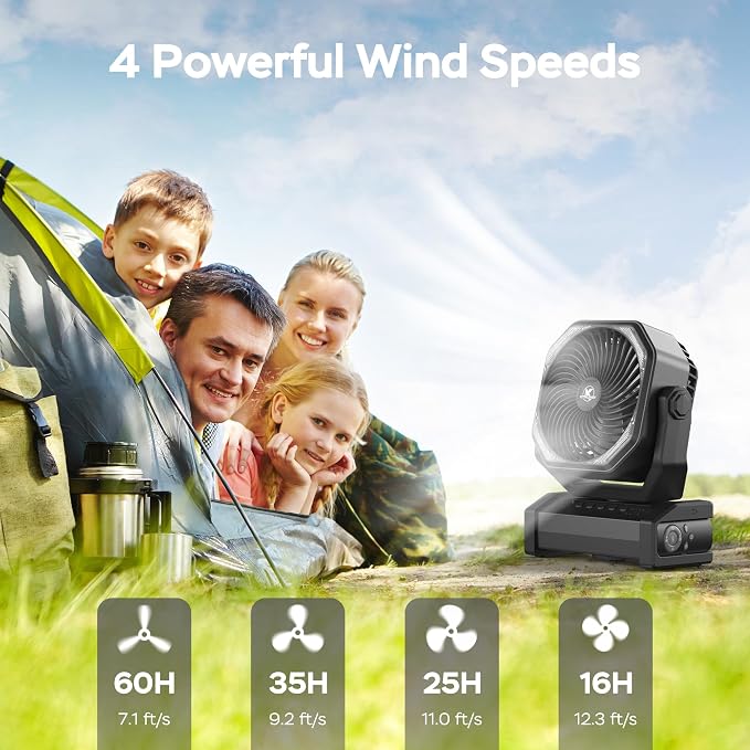 Camping Fan with Light - 20000mAh Rechargeable Battery Fan, 60Hrs Max Run Time, 4 Speeds, Timer, Auto Oscillation, 270° Pivot