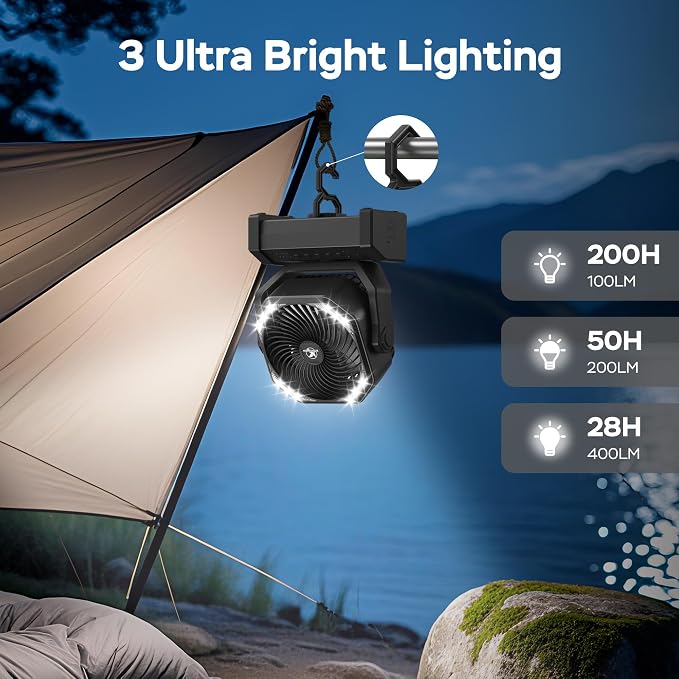 Camping Fan with Light - 20000mAh Rechargeable Battery Fan, 60Hrs Max Run Time, 4 Speeds, Timer, Auto Oscillation, 270° Pivot