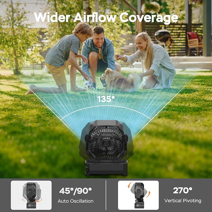 Camping Fan with Light - 20000mAh Rechargeable Battery Fan, 60Hrs Max Run Time, 4 Speeds, Timer, Auto Oscillation, 270° Pivot