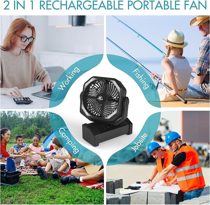 Camping Fan with Light - 20000mAh Rechargeable Battery Fan, 60Hrs Max Run Time, 4 Speeds, Timer, Auto Oscillation, 270° Pivot