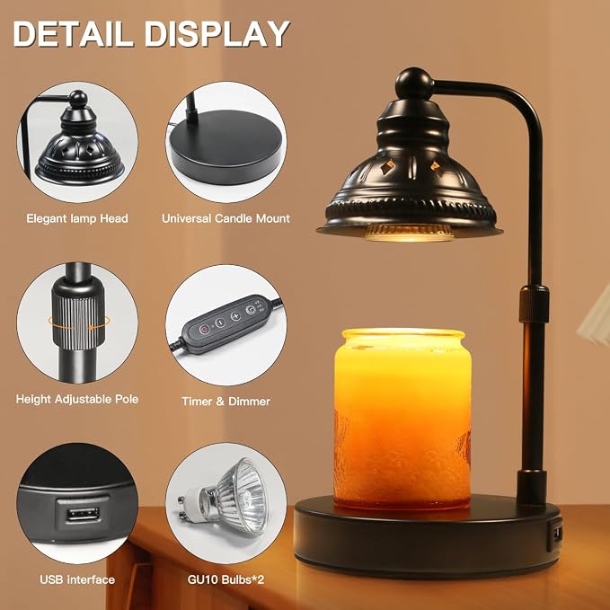 Candle Lamp, Candle Warmer Lamp with Timer (Black, USB Charger), alternate product view 2