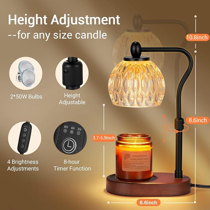 Candle Lamp with Timer & Dimmer - Height Adjustable for Scented Candles, with 2 * 50W Bulbs - Home Decor Gift for Mothers Day