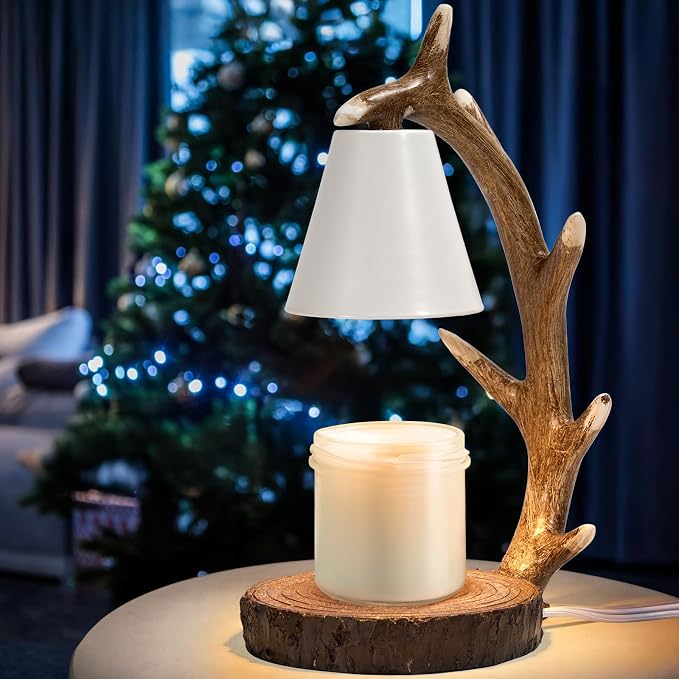 Candle Lamps,Candle Warmer Lamp with Timer Dimmer for Home Bedroom Decoration Handcrafted with Resin Reindeer Antler Design