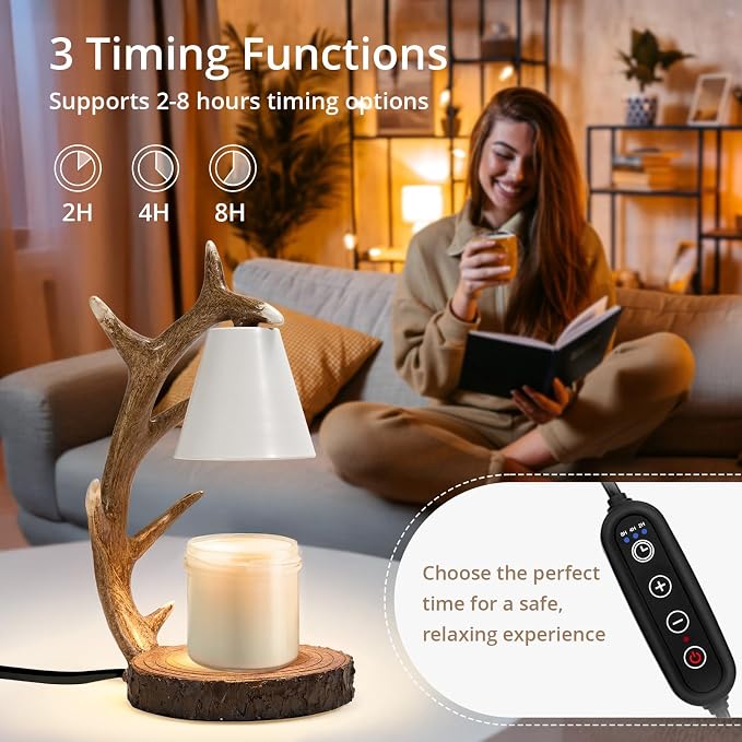Candle Lamps,Candle Warmer Lamp with Timer Dimmer for Home Bedroom Decoration Handcrafted with Resin Reindeer Antler Design