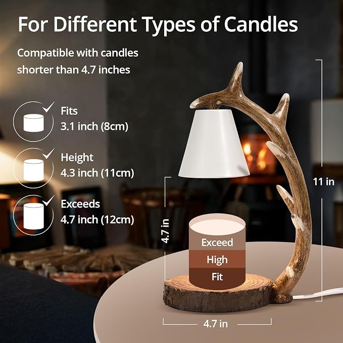 Candle Lamps,Candle Warmer Lamp with Timer Dimmer for Home Bedroom Decoration Handcrafted with Resin Reindeer Antler Design