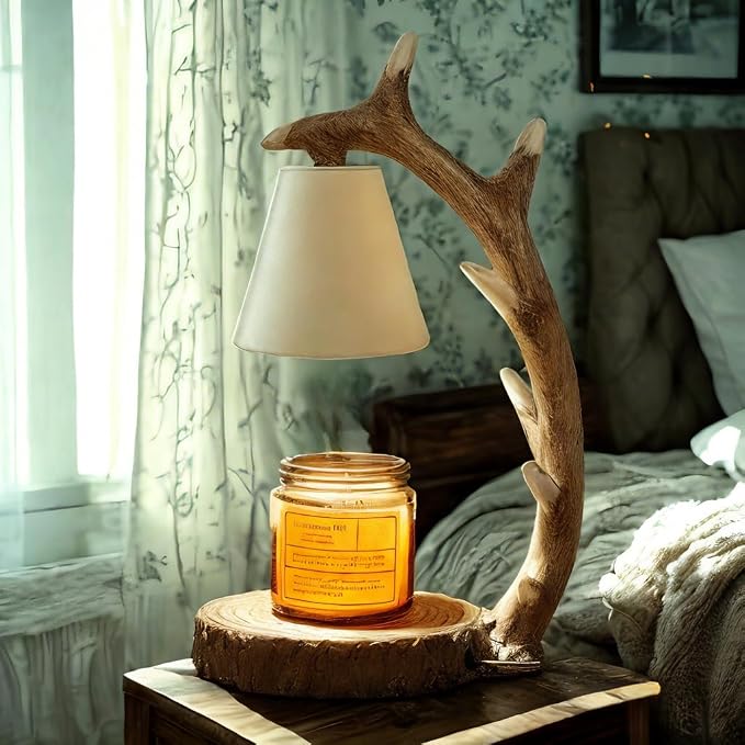 Candle Lamps,Candle Warmer Lamp with Timer Dimmer for Home Bedroom Decoration Handcrafted with Resin Reindeer Antler Design