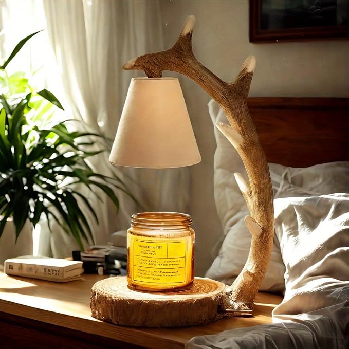 Candle Lamps,Candle Warmer Lamp with Timer Dimmer for Home Bedroom Decoration Handcrafted with Resin Reindeer Antler Design