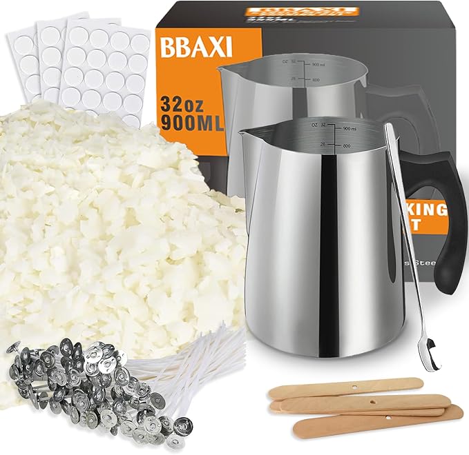 Candle Making Kit - 32oz Pouring Pot, 16oz Soy Wax, Wooden Wick Holders, Candle Wicks, Stickers and Spoon, product image