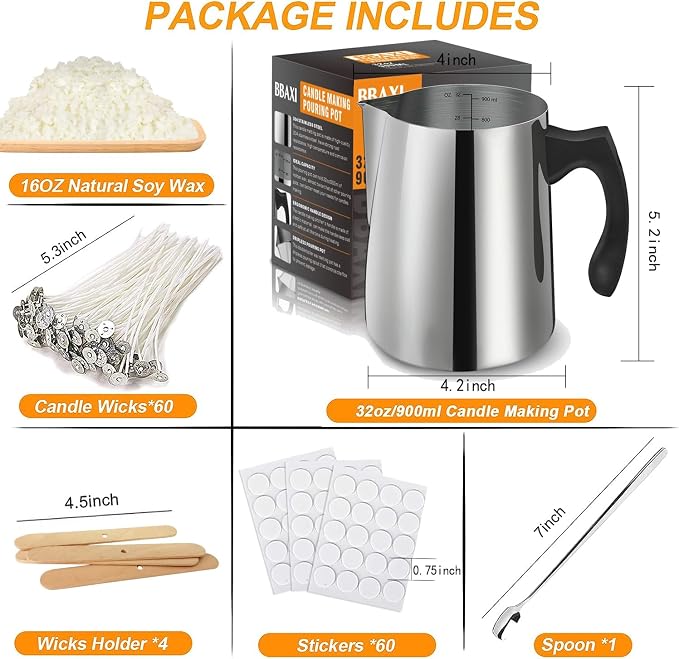 Candle Making Kit - 32oz Pouring Pot, 16oz Soy Wax, Wooden Wick Holders, Candle Wicks, Stickers and Spoon, alternate product