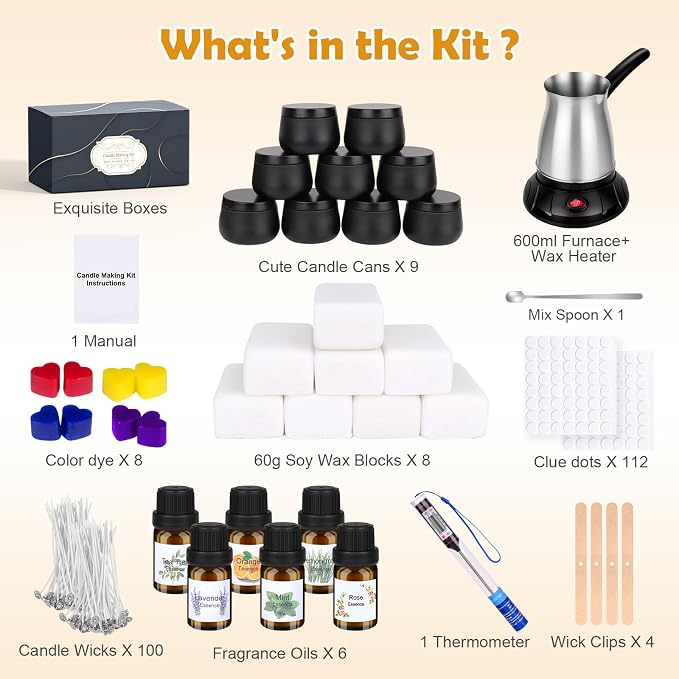 Candle Making Kit with Wax Melter, DIY Soy Candles Making Supplies for Adults and Beginners, Complete Jar Candle Kit for
