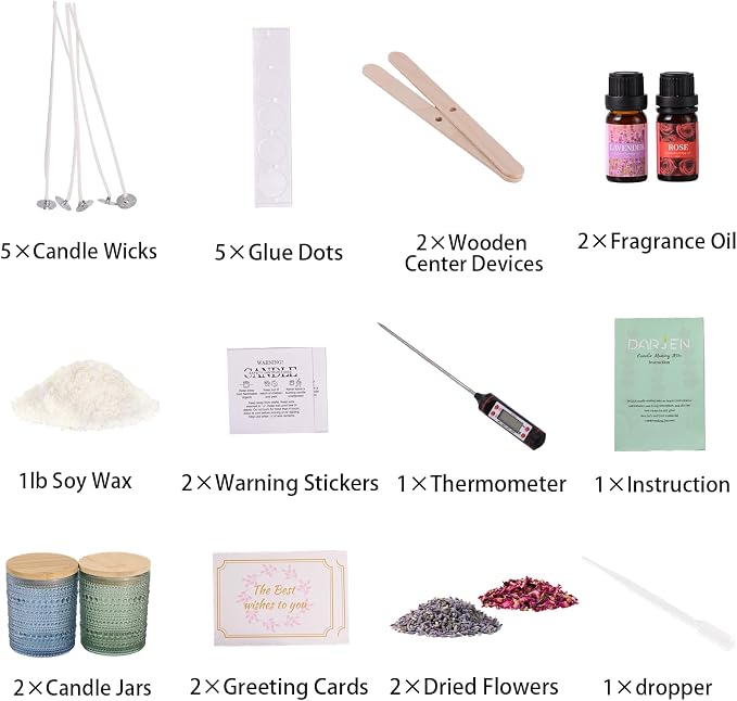Candle Making Kits for Beginners, DIY Starter Scented Candles Making Kit - 2 Glass Jars(Blue, Green), Soy Wax, Scented, Card