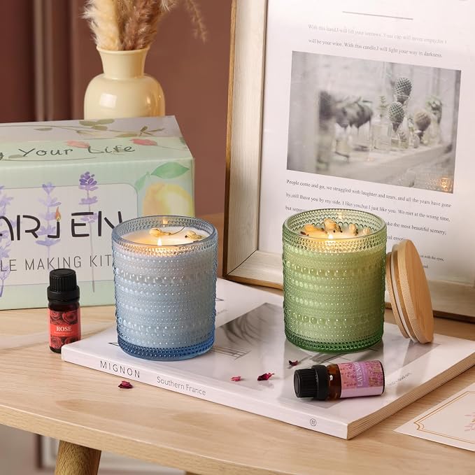 Candle Making Kits for Beginners, DIY Starter Scented Candles Making Kit - 2 Glass Jars(Blue, Green), Soy Wax, Scented, Card