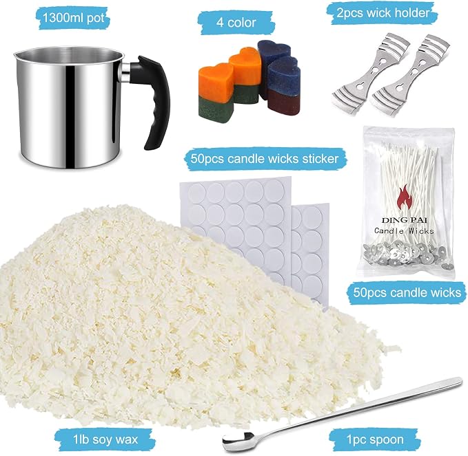 Candle Making Supplies, Complete Soy Candle Making Set Including Candle Make Pouring Pot, Candle Wicks, Wicks Sticker, 3-Hole