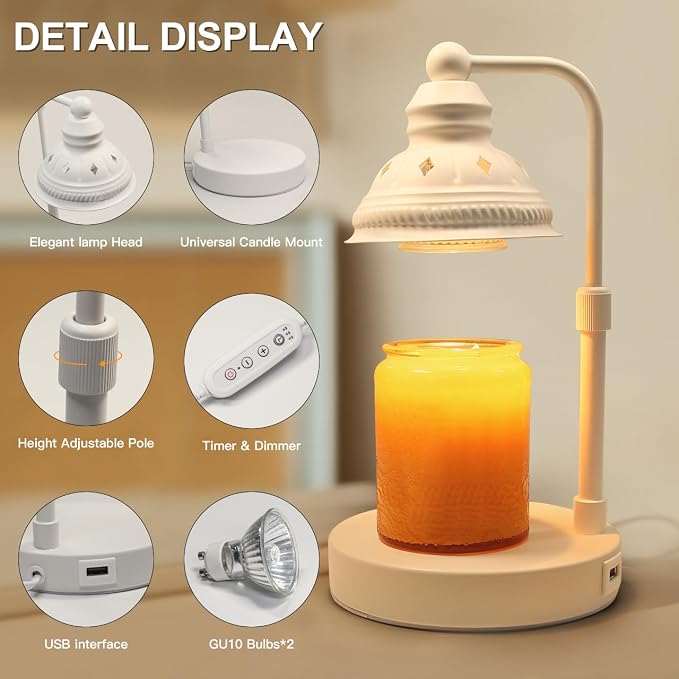 Candle Warmer, Candle Warmer Lamp with Timer, Candle Lamp with USB Charger, Gift for Mothers Day Valentines Day Christmas New