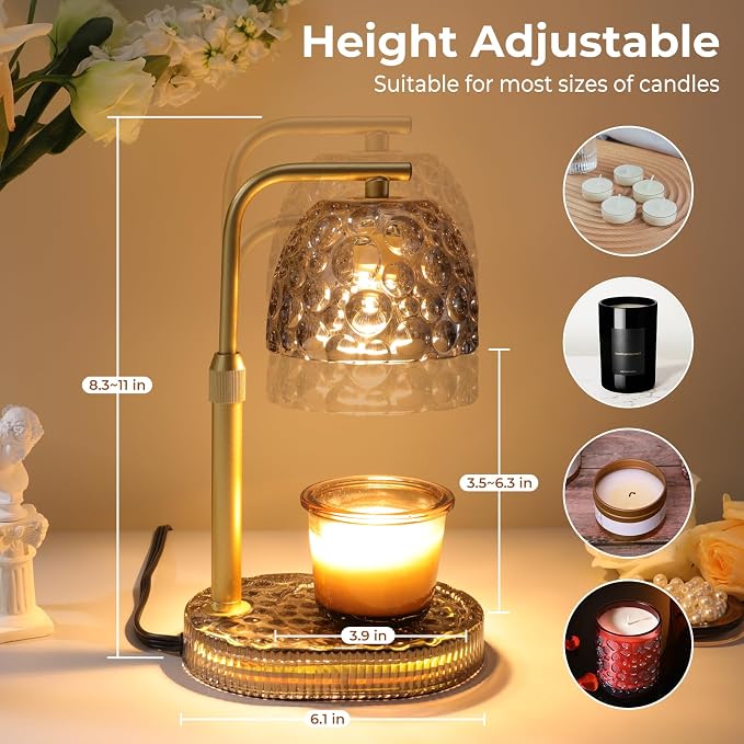 Candle Warmer Lamp Adjustable Height, Flameless 4-Level Dimmable Wax Melt Warmer for Jar Candles with 2 Bulbs, House Warming