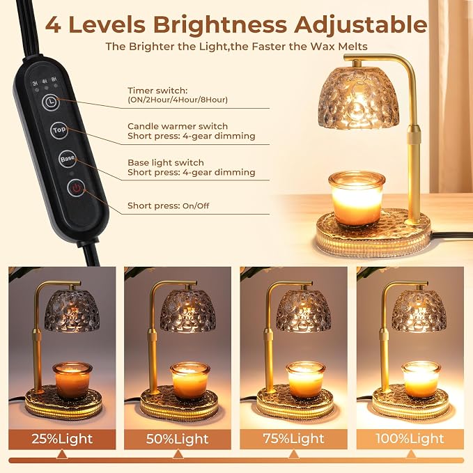 Candle Warmer Lamp Adjustable Height, Flameless 4-Level Dimmable Wax Melt Warmer for Jar Candles with 2 Bulbs, House Warming