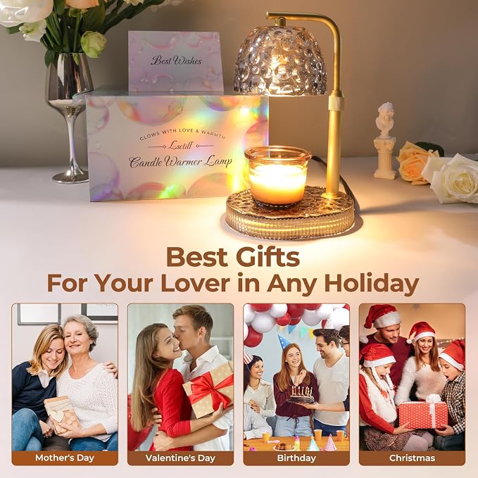 Candle Warmer Lamp Adjustable Height, Flameless 4-Level Dimmable Wax Melt Warmer for Jar Candles with 2 Bulbs, House Warming