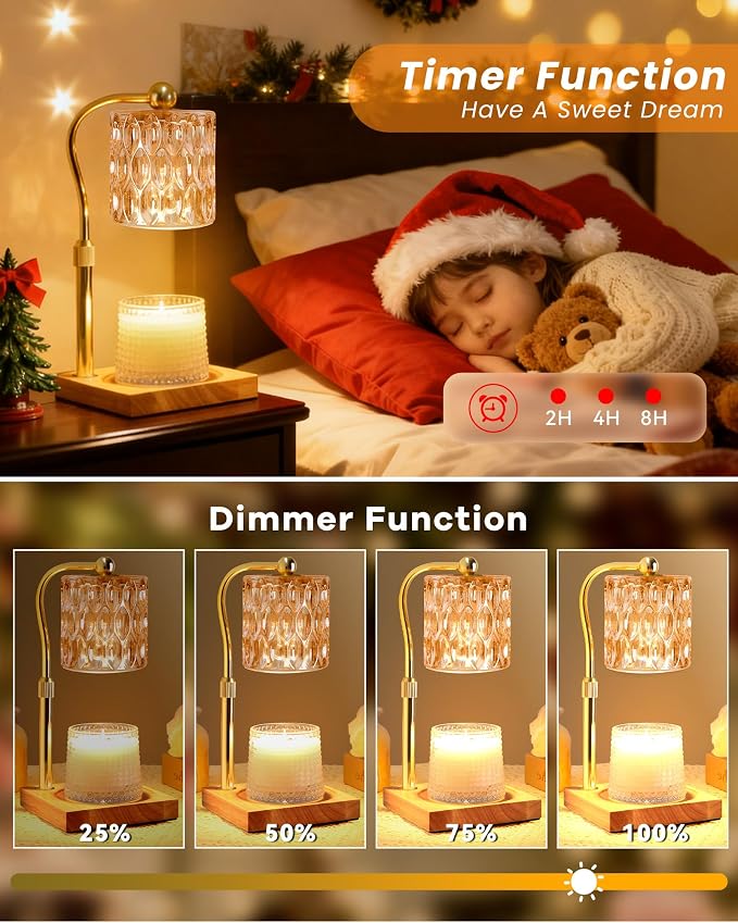 Candle Warmer Lamp Adjustable Height with Timer Dimmer, Dimmable Glass Wax Melt Warmer Light for Scented Jar, Present for