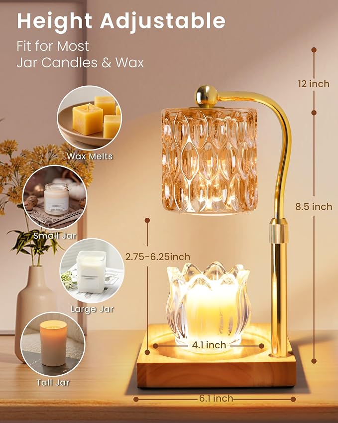 Candle Warmer Lamp Adjustable Height with Timer Dimmer, Dimmable Glass Wax Melt Warmer Light for Scented Jar, Present for