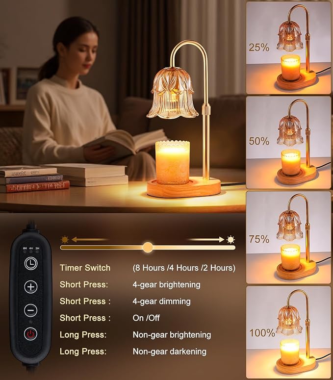 Candle Warmer Lamp Adjustable Timer - Electric Flower Glass Candles Warmers Adjustable Height Dimmable Vintage Base Modern