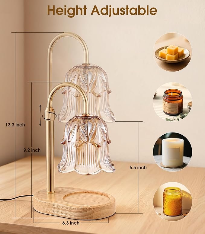 Candle Warmer Lamp Adjustable Timer - Electric Flower Glass Candles Warmers Adjustable Height Dimmable Vintage Base Modern