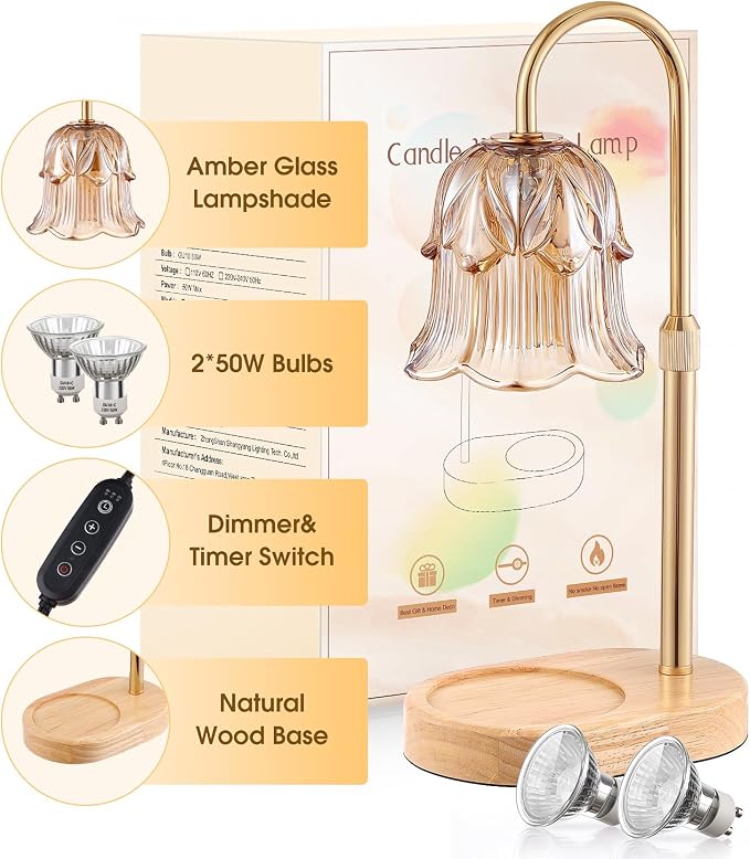 Candle Warmer Lamp Adjustable Timer - Electric Flower Glass Candles Warmers Adjustable Height Dimmable Vintage Base Modern