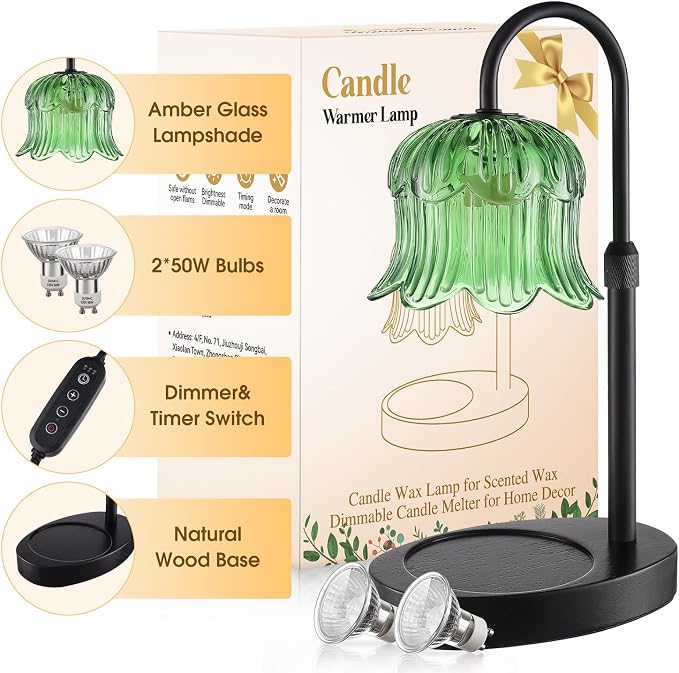 Candle Warmer Lamp Adjustable Timer Electric-Green Flower-Shaped Wax lamp, alternate product view 2
