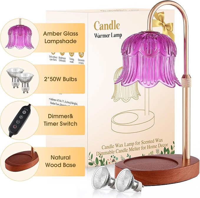 Candle Warmer Lamp Adjustable Timer Electric-Purple Flower-Shaped Wax lamp glass gold, alternate product view 2