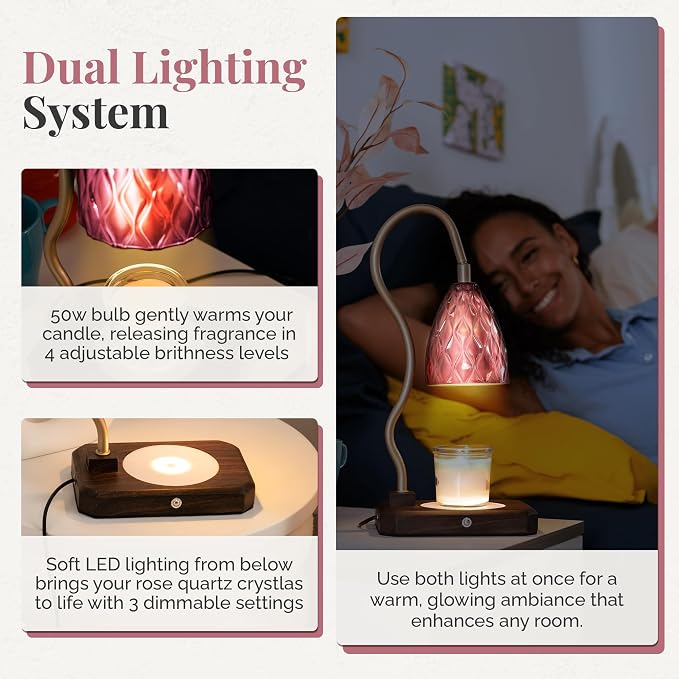 Candle Warmer Lamp + Crystal Warmer with Real Crystals, Dual Lighting (Top Candle Warmer + Crystal Glow), 2 Bulbs, Timer