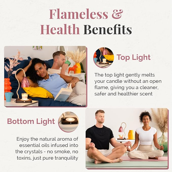Candle Warmer Lamp + Crystal Warmer with Real Crystals, Dual Lighting (Top Candle Warmer + Crystal Glow), 2 Bulbs, Timer