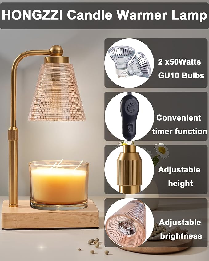 Candle Warmer Lamp - Electric Candle Warmer with Timer, Adjustable Height & Brightness, 2 Replacement Bulbs, 1-Year Warranty