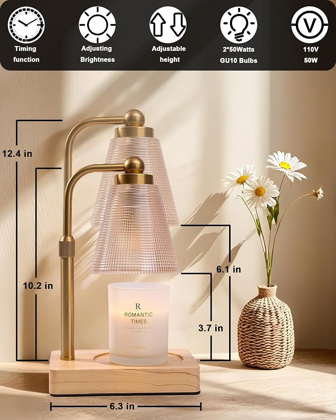 Candle Warmer Lamp - Electric Candle Warmer with Timer, Adjustable Height & Brightness, 2 Replacement Bulbs, 1-Year Warranty