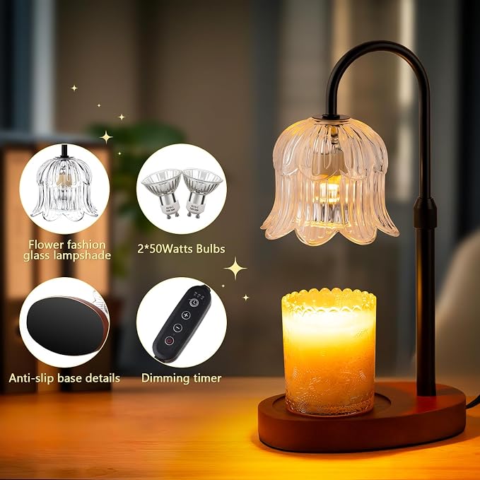Candle Warmer Lamp Electric Timer - Candles Height Adjustable Dimmable Warmers Scented Flower Lamps No Flame Heat Warm Melt