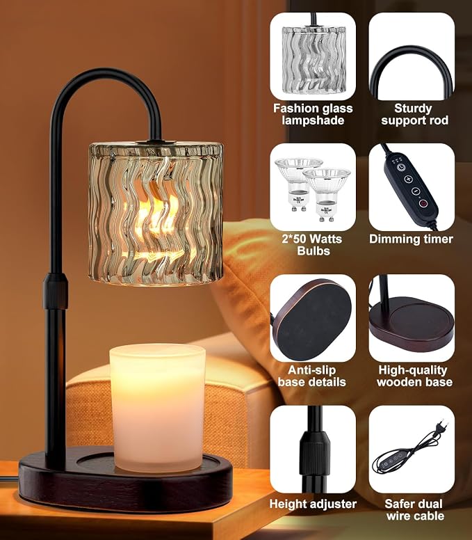 Candle Warmer Lamp Electric Timer: Dimmable Candles Warming Lamps - Height Adjustable Burner Jar - No Flame, alternate view 2